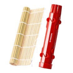 Set complet Sushi Rolls 2, EMESZON&reg; Aparat manual de rulat Sushi cu rola bambus pentru pasionatii de bucataria Asiatica, rosu