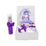 Cumpara ieftin Set Cutie Trusou cu Lumanare, 9 Piese &quot;Cu drag de la nasi&quot; - Unicorn, Mov - TB198