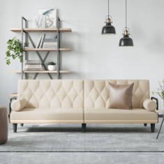 vidaXL Canapea extensibila cu cotiere, crem, material textil foto