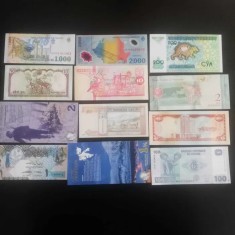 LOT SET de 10 bancnote straine UNC (necirculate) diferite plus două rom&acirc;nești