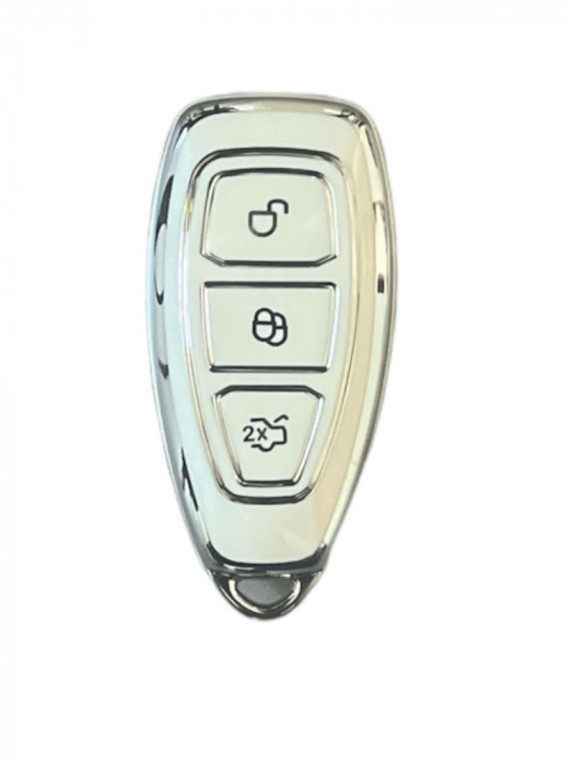Husa Cheie Auto Ford Kuga, Alba cu contur Silver, Smartkey, Tpu AutoProtect KeyCars