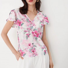 Bluza cu maneca scurta, cu imprimeu floral si decolteu, alb, dama, Mohito