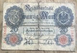 BNKSTR03DE Bancnotă Veche Germania 20 Mark 1907 (Reichsbanknote), Perioada Imperială, Vulturul German, Colecție / Numismatică