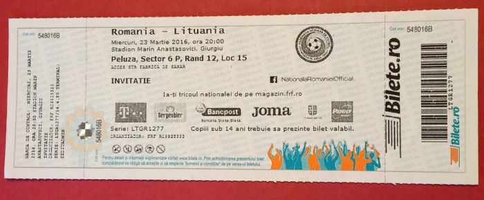 Bilet meci fotbal ROMANIA - LITUANIA 23.03.2016 (meci amical)