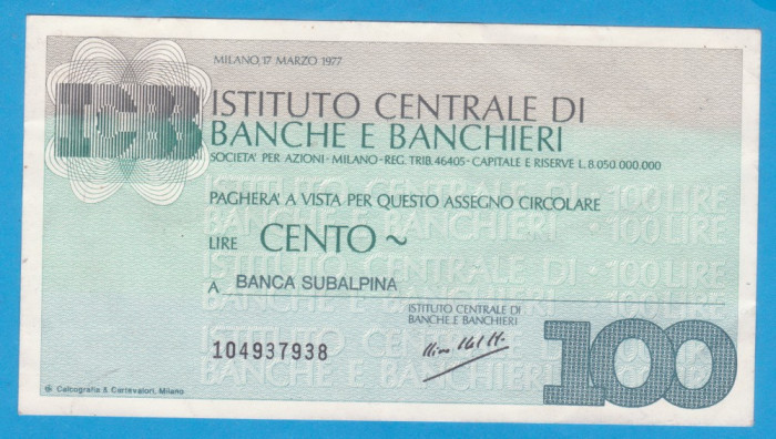 (1) CEC BANCAR ITALIAN - INSTITUTO CENTRALE DI BANCHE E BANCHIERI- 100 LIRE 1977