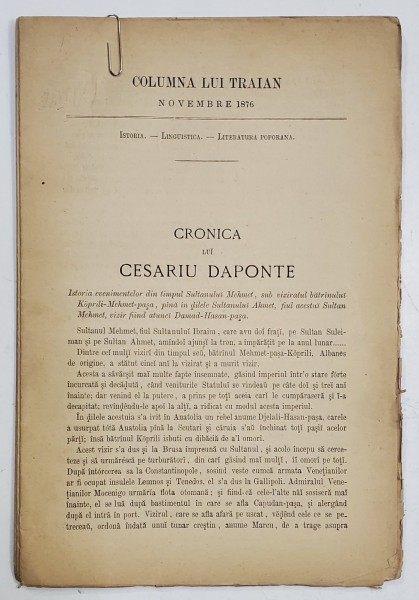 COLUMNA LUI TRAIAN , REVISTA MENSUALA PENTRU ISTORIA , LINGUISTICA SI PSICOLOGIA POPORANA , SUB DIRECTIUNEA D - LUI B.P. HASDEU , NOVEMBRE , 1876