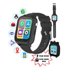 Smartwatch pentru Copii 4G cu Cartela SIM, GPS, WhatsApp, Mod Spion, SMS, Buton SOS, Camera, GITECH&reg; G28, Husa cu Snur Cadou, Negru
