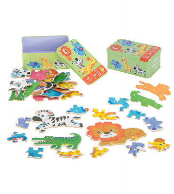 Set 6 puzzle-uri cu animale din Safari, in cutie metalica, 25 piese foto