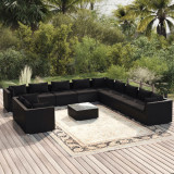 VidaXL Set mobilier de grădină cu perne, 12 piese, negru, poliratan