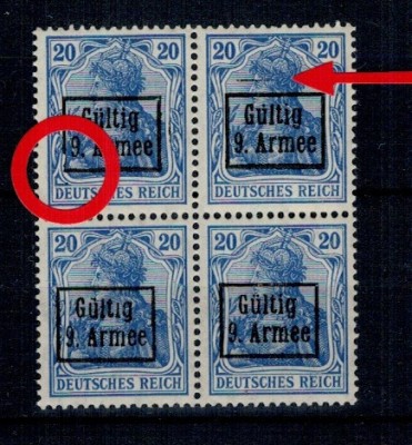 1918 - Ocupatia germana in Romania, Armata 9., Mi.No.3II eroare, bloc de 4 nestampilat foto