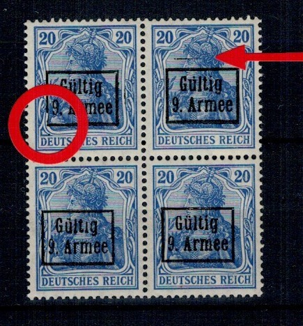 1918 - Ocupatia germana in Romania, Armata 9., Mi.No.3II eroare, bloc de 4 nestampilat