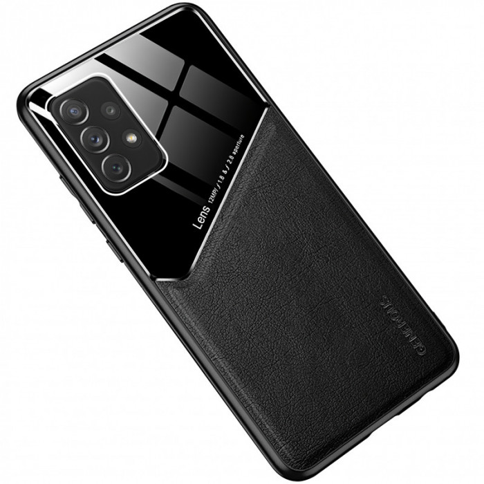 Husa Piele OEM LENS pentru Samsung Galaxy A72 4G, cu spate din sticla, Neagra