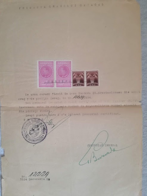 Adeverință naționalitate rom&acirc;nă, 1934, primaria Caracal, Teodora Brastaviceanu