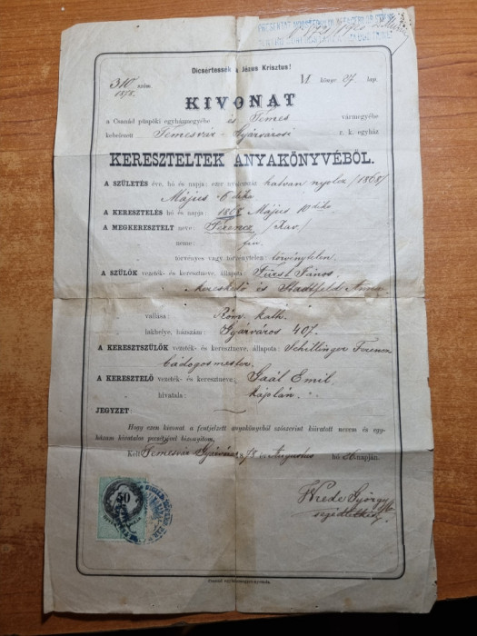 document in limba maghiara - din anul 1878 - flancat cu timbru fiscal