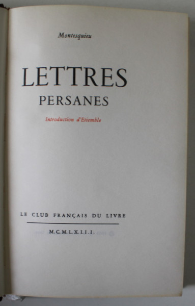 LETTRES PERSANES par MONTESQUIEU , 1963