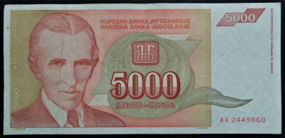 Bancnota 5000 DINARI / DINARA - YUGOSLAVIA, anul 1993 * cod 253 foto