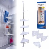 Organizator baie, raft de baie de tip coltar cu brat telescopic, cu 4 etajere si suport pentru prosop