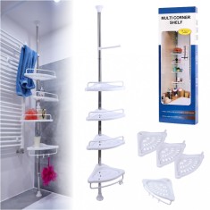 Organizator baie, raft de baie de tip coltar cu brat telescopic, cu 4 etajere si suport pentru prosop