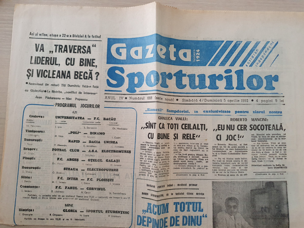 Gazeta sporturilor 5 aprilie 1992-divizia a la fotbal,dinamo lider | Okazii. ro