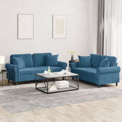 vidaXL Set de canapele cu perne, 2 piese, albastru, catifea 3202239 foto