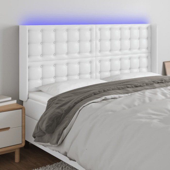 vidaXL Tăblie de pat cu LED, alb, 163x16x118/128 cm, piele ecologică 3124145