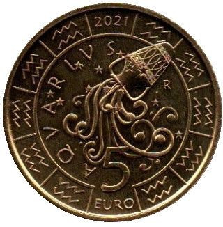 San Marino 5 Euro 2021 - (Zodia Aquarius/Varsator) 26.95 mm, SM1, KM-603 UNC !!! foto