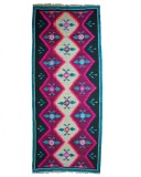 Covor runner taranesc vintage din l&acirc;nă 173&times;410 cm, țesut la război, model geometric kilim (stil balcanic/rom&acirc;nesc), franjuri