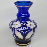 Vaza mica veche, vintage, Boemia - Cehoslovacia - albastru cobalt - pictata manual