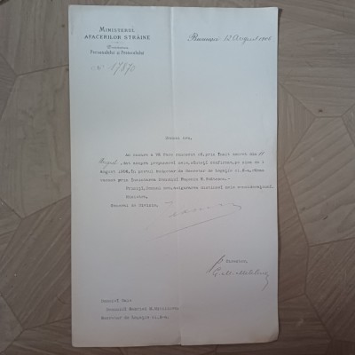 ACT SEMNAT DE GENERALUL IACOB LAHOVARY, MINISTRU DE EXTERNE AL ROMANIEI-1906. foto