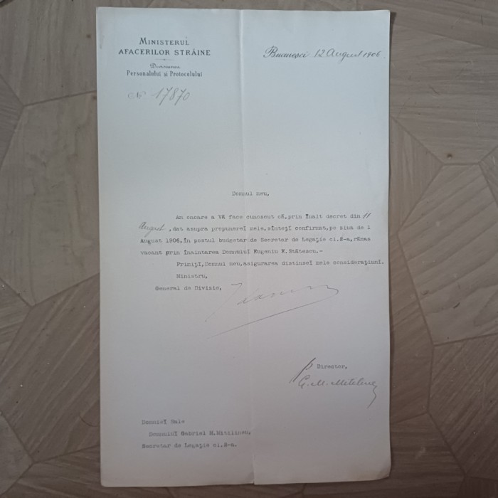 ACT SEMNAT DE GENERALUL IACOB LAHOVARY, MINISTRU DE EXTERNE AL ROMANIEI-1906.