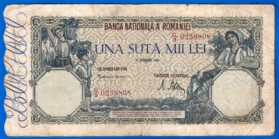 (22) BANCNOTA ROMANIA - 100.000 LEI 1946 (21 OCTOMBRIE 1946), FILIGRAN ORIZONTAL foto