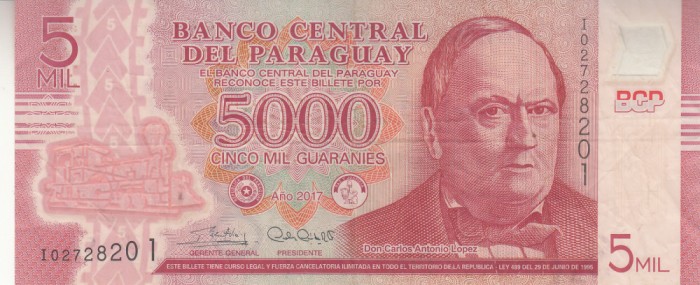 B11 3 - Bancnota foarte veche - Paraguay - 5000 guarnies - 2017