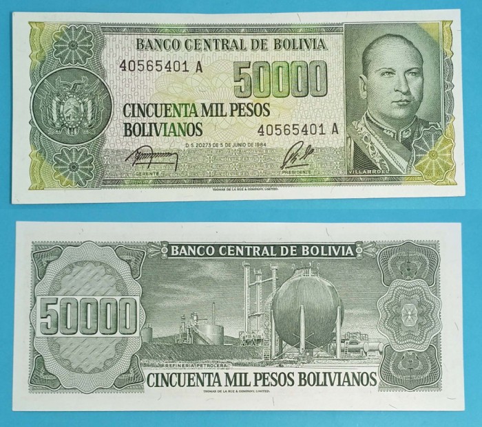 Bolivia (p#170) 50.000 Pesos Bolivianos 1984 &#039;Villarroel&#039; UNC serie: 40565401 A