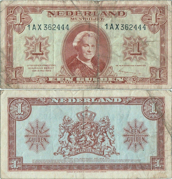 1945 , 1 gulden ( P-70a.3 ) - Țările de Jos