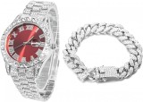 Set Ceas Iced Out Silver Red + Bratara Cuban, insertii din zirconiu, otel inoxidabil, dispozitiv pentru ajustare, impachetare premium, argintiu