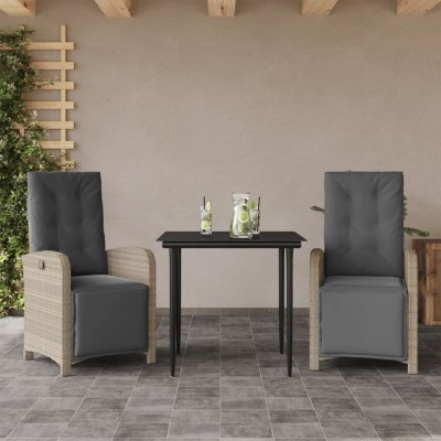 vidaXL Set bistro cu perne, 3 piese, gri deschis, poliratan 3212598 foto