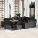 VidaXL Set canapea de grădină cu 12 piese, perne inclusă, negru, din rattan poly și lemn de acacia.