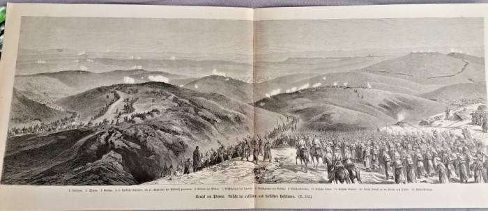 Litografie veche Batalia de la Grivita si Plevna. Razboiul de independenta 1877