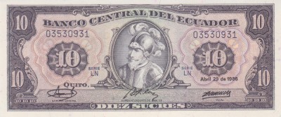 Bancnota Ecuador 10 Sucres 29.04.1986 - P121A UNC foto