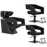 Set Hana negru, spălătorie frizerie, 2 fotolii hidraulice rotative, suport picioare, spălător mobil, bol ceramic, baterie duș