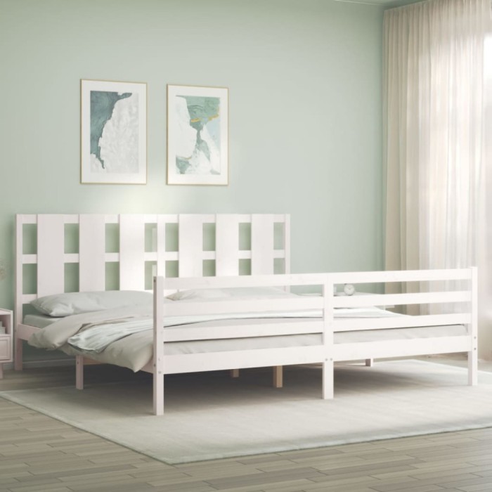 vidaXL Cadru de pat cu tăblie Super King Size, alb, lemn masiv 3194132