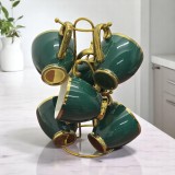 Set 6 Cani Portelan cu Suport Metalic, 250 ml, Verde cu Auriu