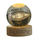 Lampa led decorativa, flippy, cu bila de cristal cu diametru 6cm, model sistemul solar 3d, alimentare usb, suport din lemn, lumina alb cald