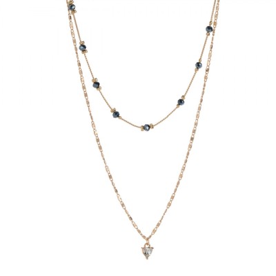 Colier Dublu Femei, Lant Culoare Aurie, Pietre Negre, Picatura Strass, Set 2 Bucăți foto