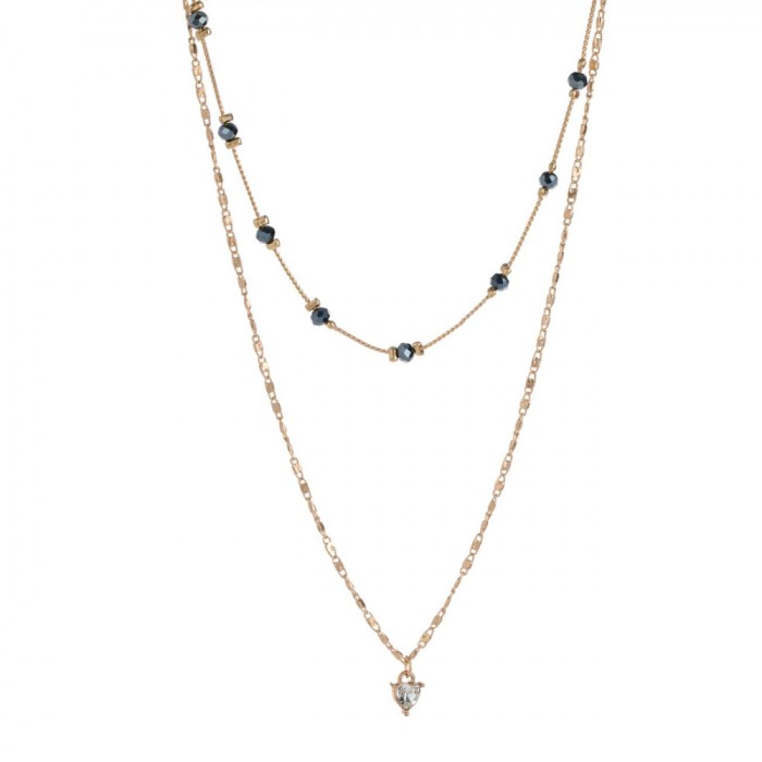 Colier Dublu Femei, Lant Culoare Aurie, Pietre Negre, Picatura Strass, Set 2 Bucăți