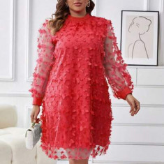 Rochie mini, cu aplicatii 3d si maneca lunga, transparenta, rosu, dama, Shein