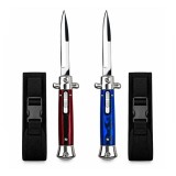 Cumpara ieftin Set doua cutite cu lamă tip stiletto automat DEPOX&reg;, m&acirc;ner rosu/albastru, 27 cm, cu husă inclusa
