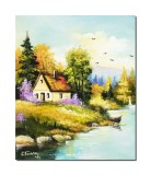 Cumpara ieftin Tablou pictat manual, Peisaj din natura, la casa de langa rau, 60x50cm ulei pe panza