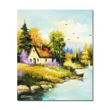Tablou pictat manual, Peisaj din natura, la casa de langa rau, 60x50cm ulei pe panza