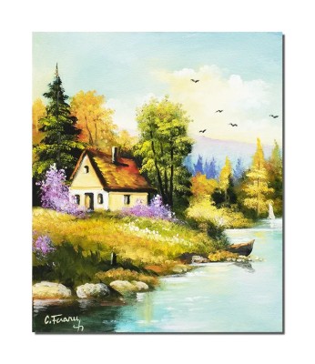 Tablou pictat manual, Peisaj din natura, la casa de langa rau, 60x50cm ulei pe panza foto